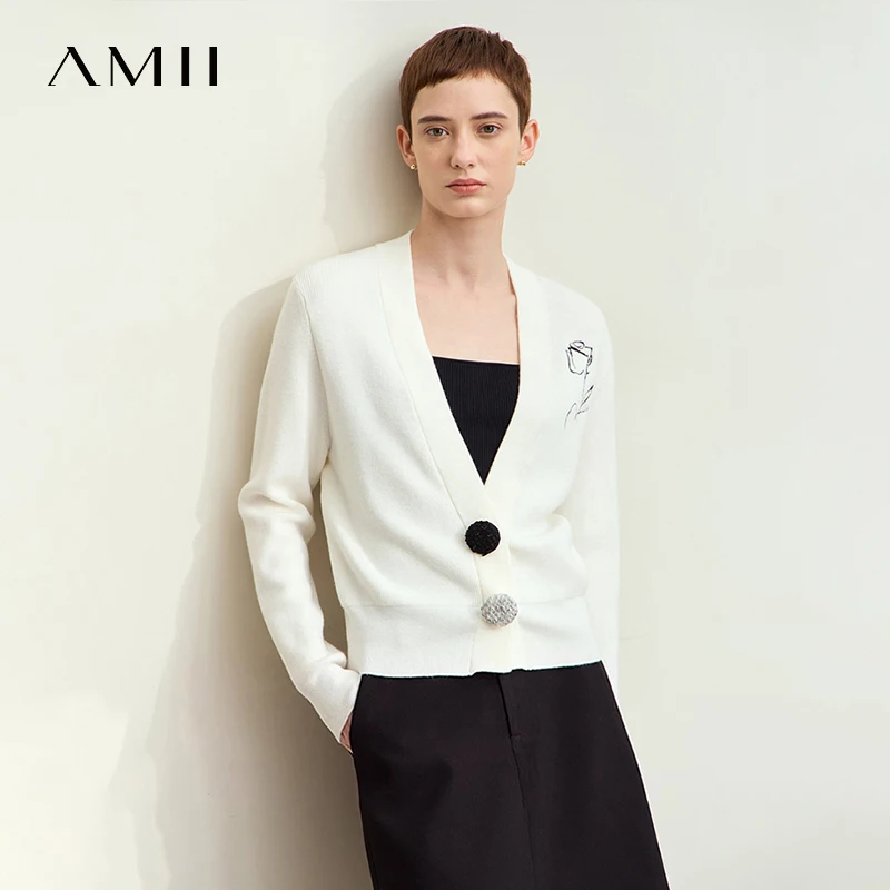 

Amii Minimalism Cardigan for Women 2025 Autumn New Casual V-neck Embroidery Women's Sweater Loose Long Sleeve Knit Tops 12443211