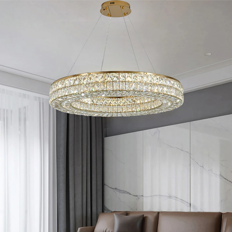 Lampadario di cristallo a soffitto rotondo dorato di lusso moderno leggero soggiorno lampadario a LED luminoso con luce ad anello creativo per