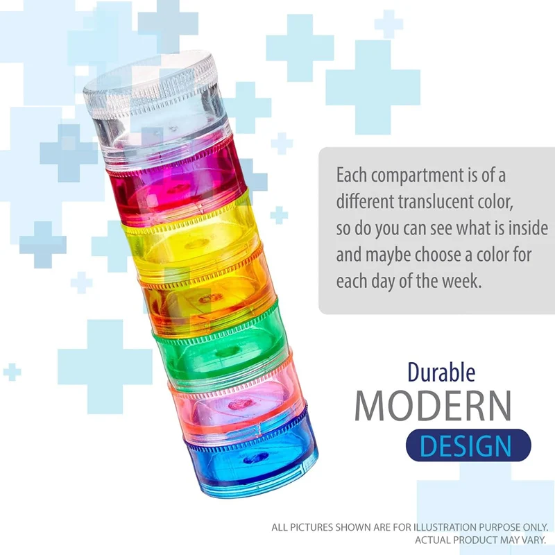 Stackable Pill Organizer, Portable Travel Medicine Storage and Vitamin Dispenser, Compact and Lightweight, in Rainbow Colors
