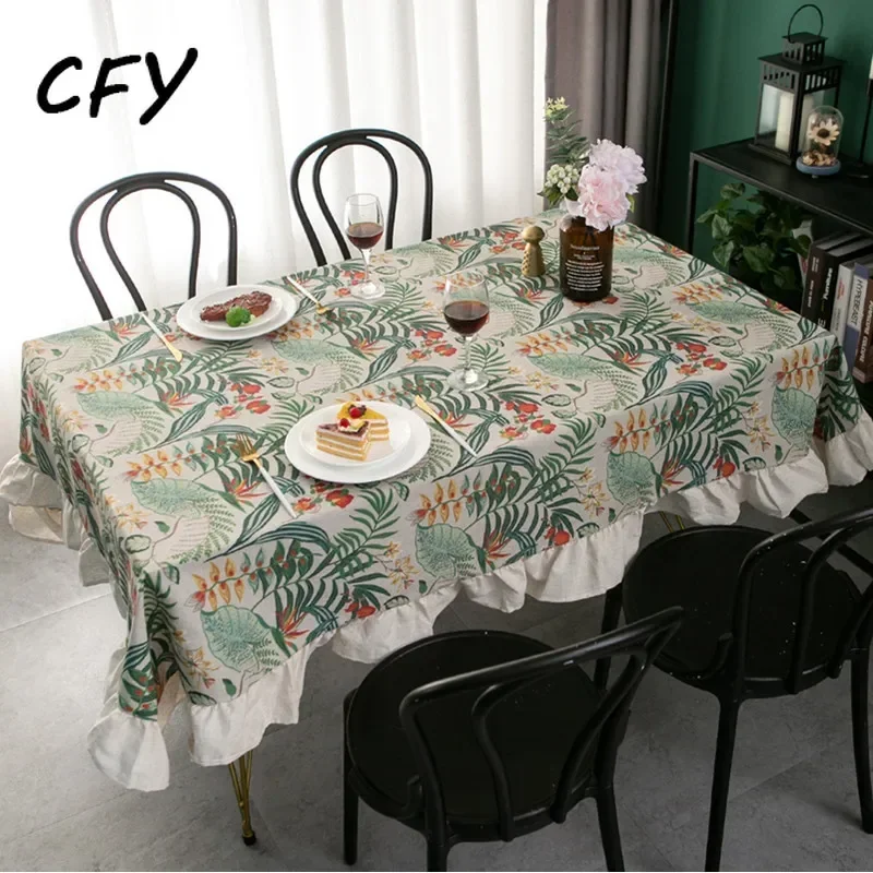 

Cotton Linen Nordic Green Plants Rectangular Table Cloth Vintage Ruffle Edge Tea Table Cover Cloth Table Cover for Christmas