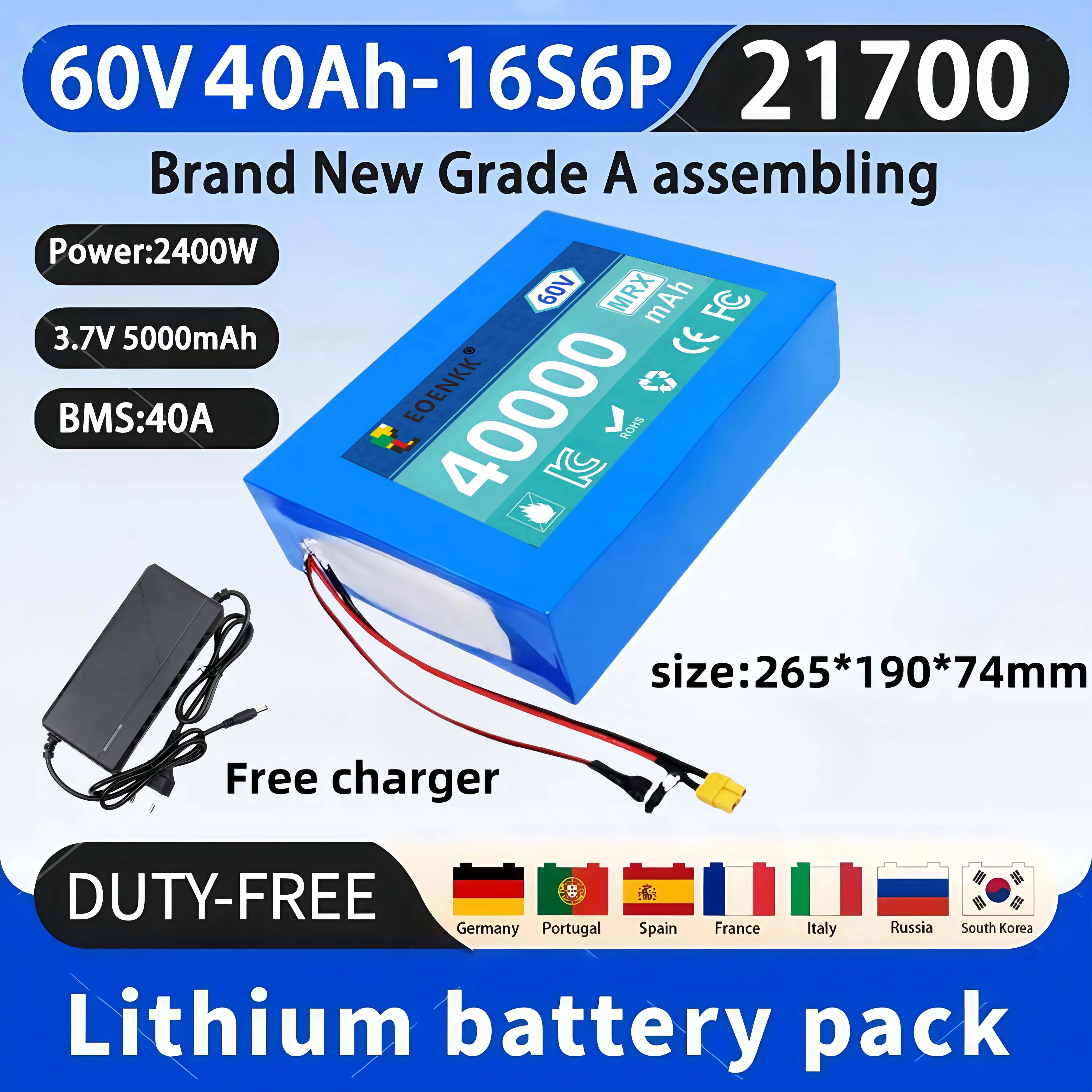 

60V 40Ah 21700 16S6P Lithium Ion Battery Pack 2500W Power Tool Batteries Outdoor Backup Batteries With 40A BMS+67.2V charger