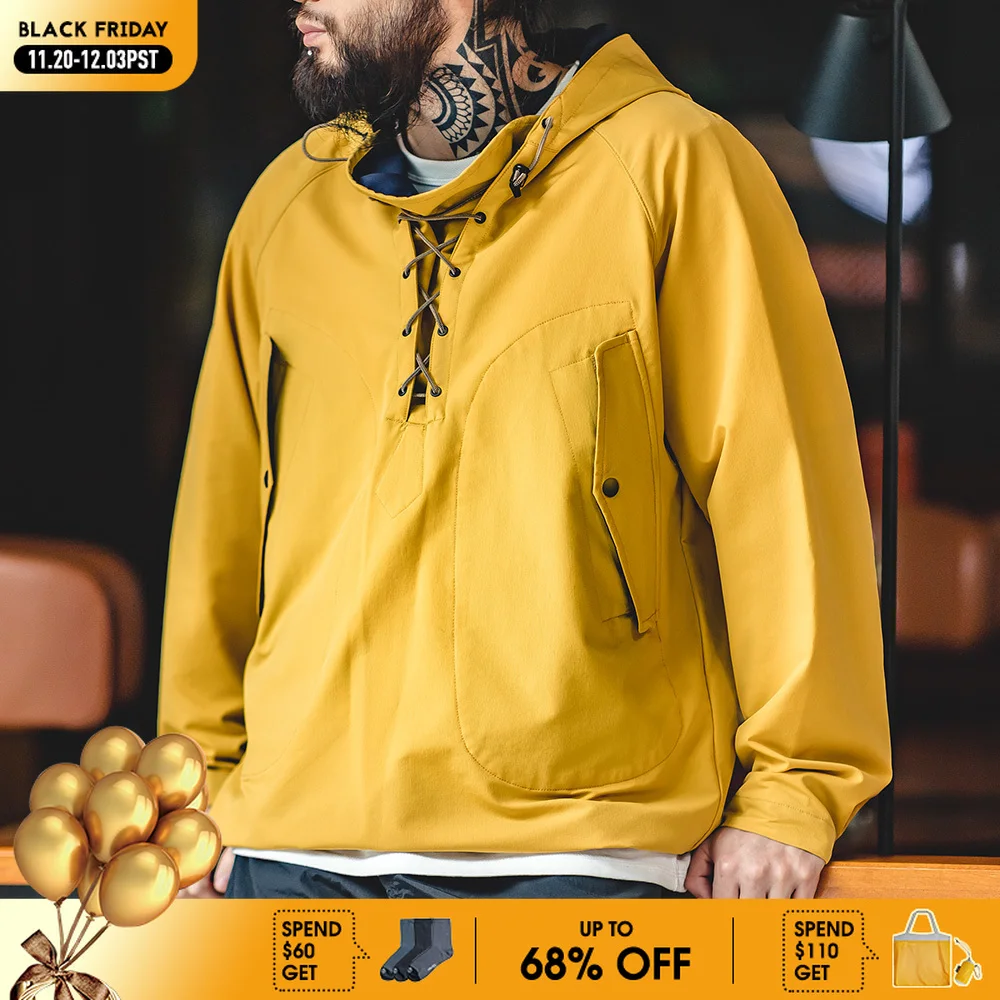 

Maden Мужская желтая толстовка с капюшоном и вязаной шнуровкой осенняя повседневная одежда для улицы складоустойчивая толстовка свободного кроя для мужчин