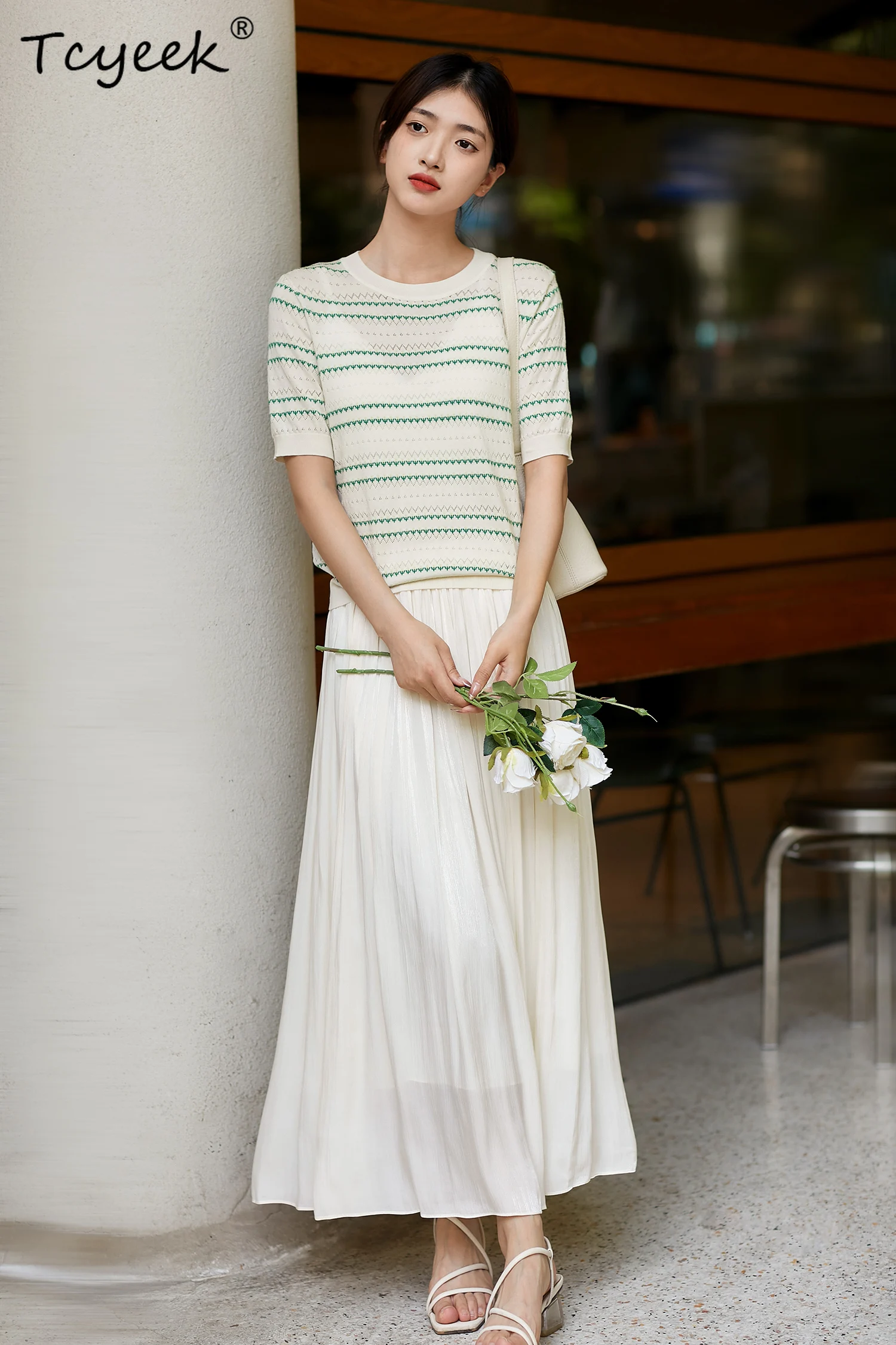 

Tcyeek, 5.9%Mulberry Silk Knitted TShirt, Women O Neck Short Sleeve Hollow Out, Casual Elegant Tops, 2024 Summer New T46125QM