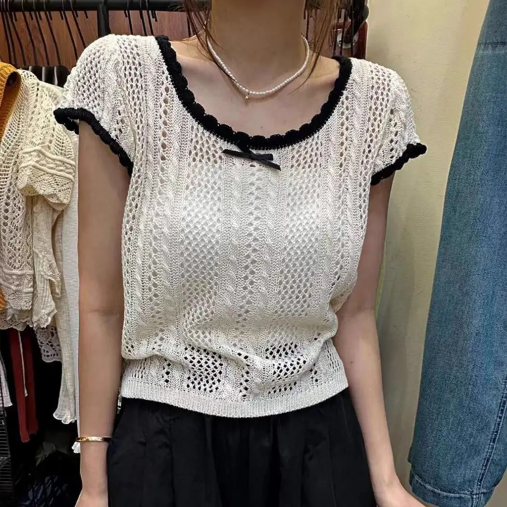 

Women's Korean-style Retro Slim-fit Short-sleeve Sweater Color-matched Hollow Ice Silk Top for Summer