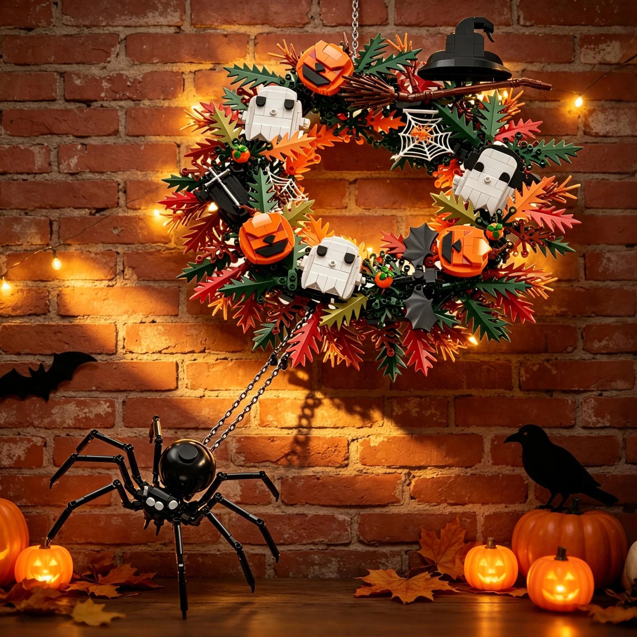 1211PCS Spider Flower Wreath Building Blocks Pumpkin Ghost Spooky Model Brick Halloween Decoration Wall Hanging Toy Holiday Gift