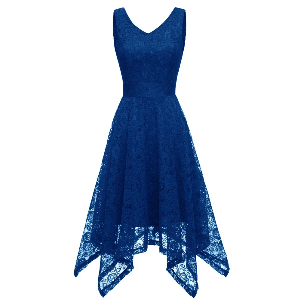 Women Elegant V Neck Floral Lace Sleeveless Asymmetrical Hem Cocktail Party Swing A Line Dress