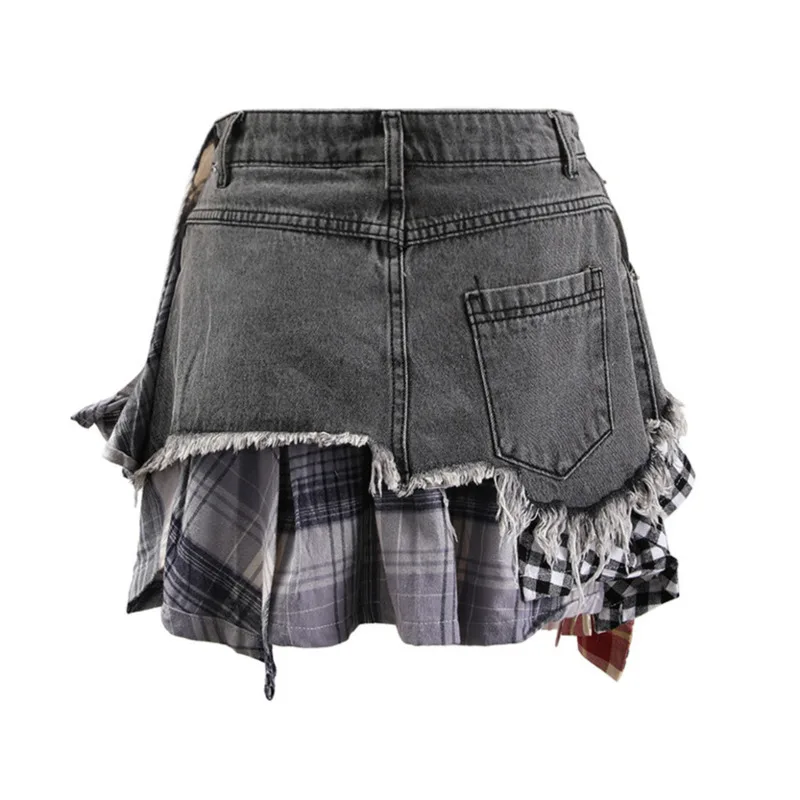 HKSH Fashion Women's Denim Skirt Colored Plaid Patchwork Irregular Deconstructed A-line High Waist Mini Skirts Summer New H2839