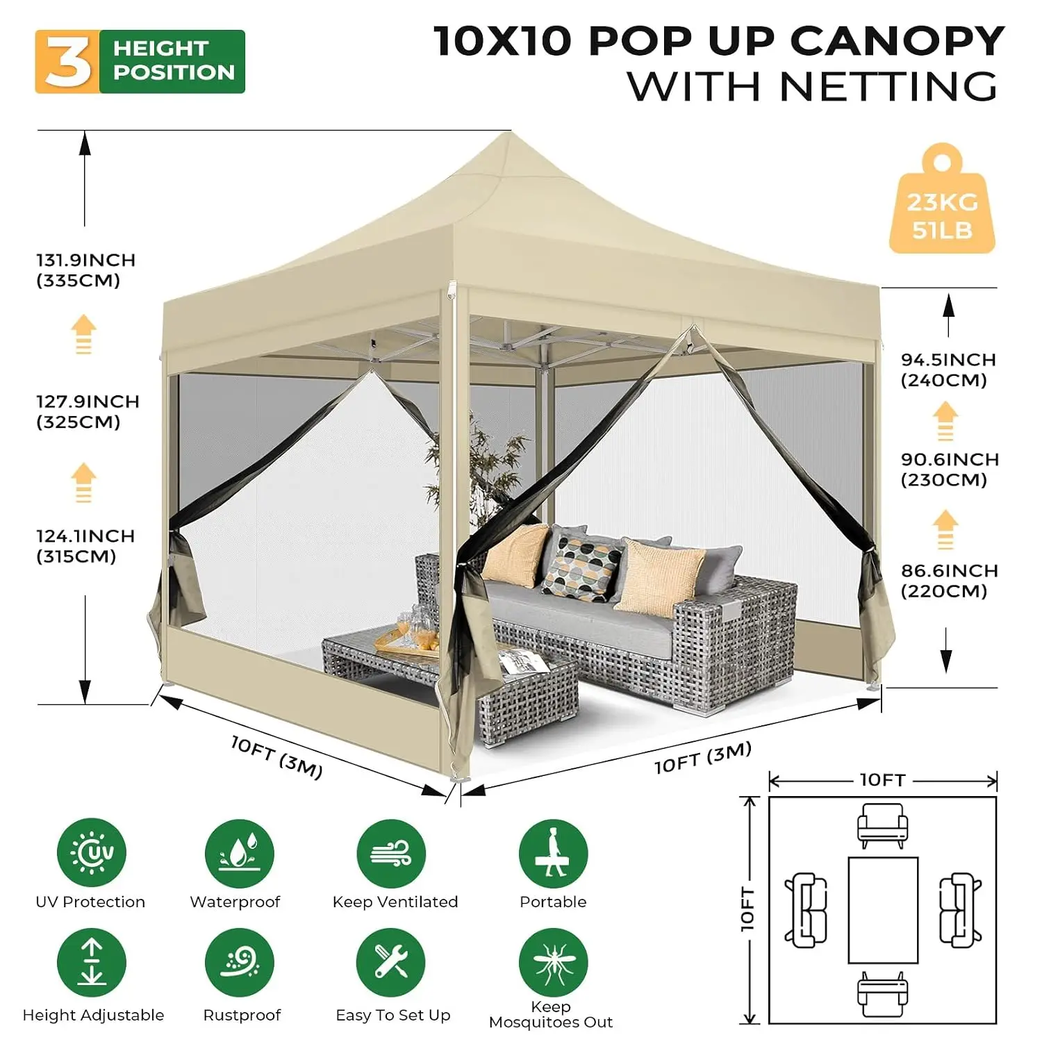 10x10 Heavy Duty Pop Up Canopy with 4 Mosquito Net Sidewalls, Khaki