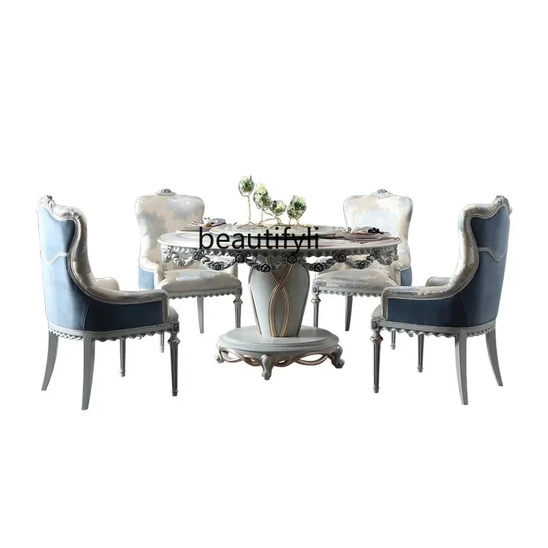B03 French dining table, American European restaurant furniture hand-carved to solid wood round turntable dining table