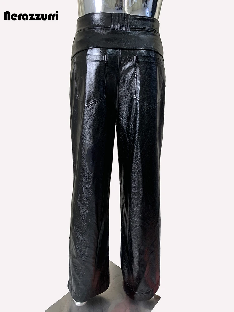 Mauroicardi Spring Autumn Cool Long Baggy Black Pu Leather Pants Men High Waist Wide Leg Trousers Runway European Fashions 2024