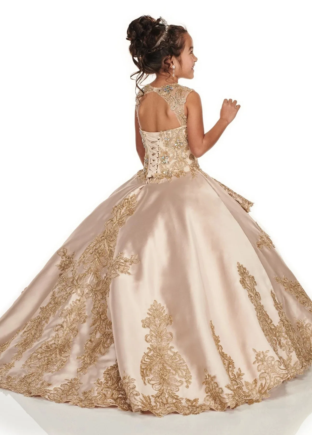 Mini Champagne Quinceanera Vestidos, vestido de baile, Apliques frisados flor, Menina vestidos para casamentos, Pageant mexicano vestidos para bebê