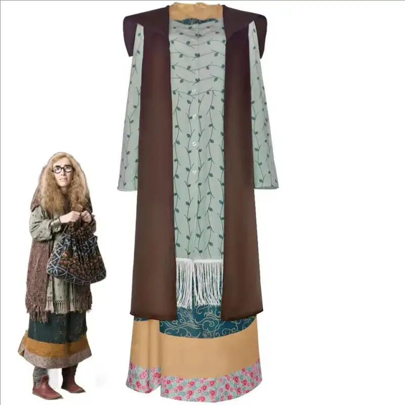 En stock, nuevo disfraz de cosplay de Sybill, disfraz de Patricia Trelawney, vestido de cosplay mágico de película, túnica adecuada para mujeres, Halloween, fanta