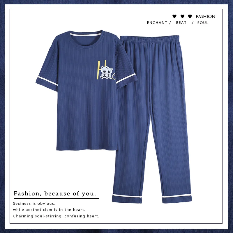 Fashion Man\'s Pajamas Plus Size L-5XL Fat Man\'s Sleepwear Leisure Homewear Cotton Pjs Short Sleeved Long Pant Lounge Set 2023