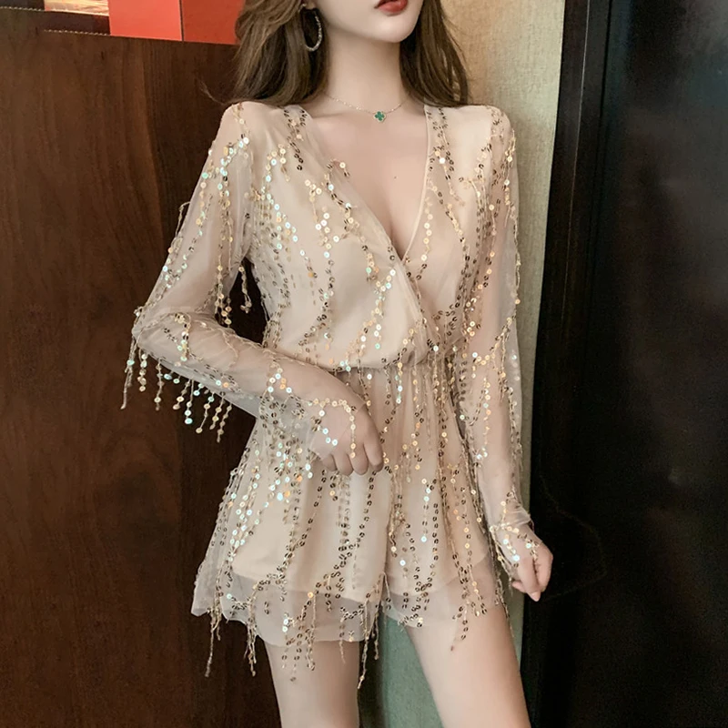 

Sexy Tassel Patchwork Short Women Jumpsuits Long Sleeve Mesh Club Party Cross-pants Tassel Summer 2022