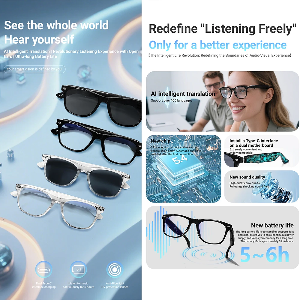 F16 Smart Audio Glasses Bluetooth Call AI Translation Intelligent Glasses AI Video Chat Stereo Sound Eyeglasses For Men Women