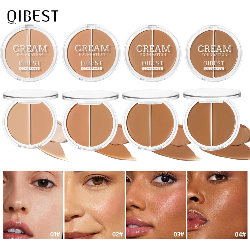 QIBEST Waterproof Cream Foundation Moisturizing Matte Full Coverage Acne Scars Brighten Skin Tone Pressed Powder Lasting Makeup