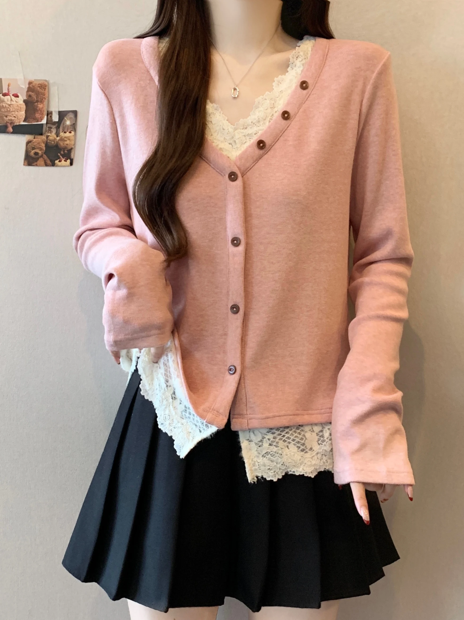 

plus Size Lace Splice V-Ne Long Sve Knitted Top Women's Sweet Pink Base irt Fake Two-Piece High Waist French Sle Sli...