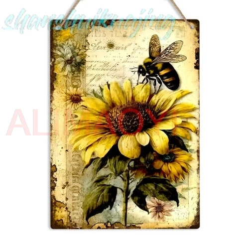 Sunflower And Bee Metal Sign Hive Garden Decoration Wall Plaque Beekeeper Gift