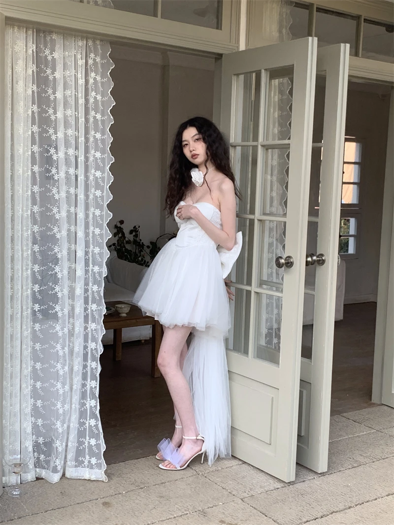 CHEERART Ballet Backless White Tulle senza spalline abiti da ballo per le donne 2023 Big Bow Tailing Ball Gown abiti da sera di lusso