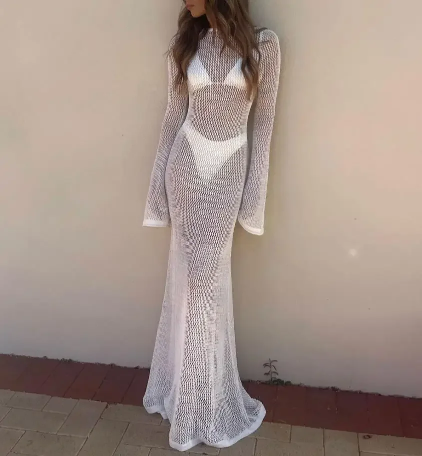 Vestido de playa tejido para mujer, vestido de Bikini largo Sexy, ropa de playa de ganchillo con espalda descubierta, vestido de playa hueco de manga larga, traje de baño femenino