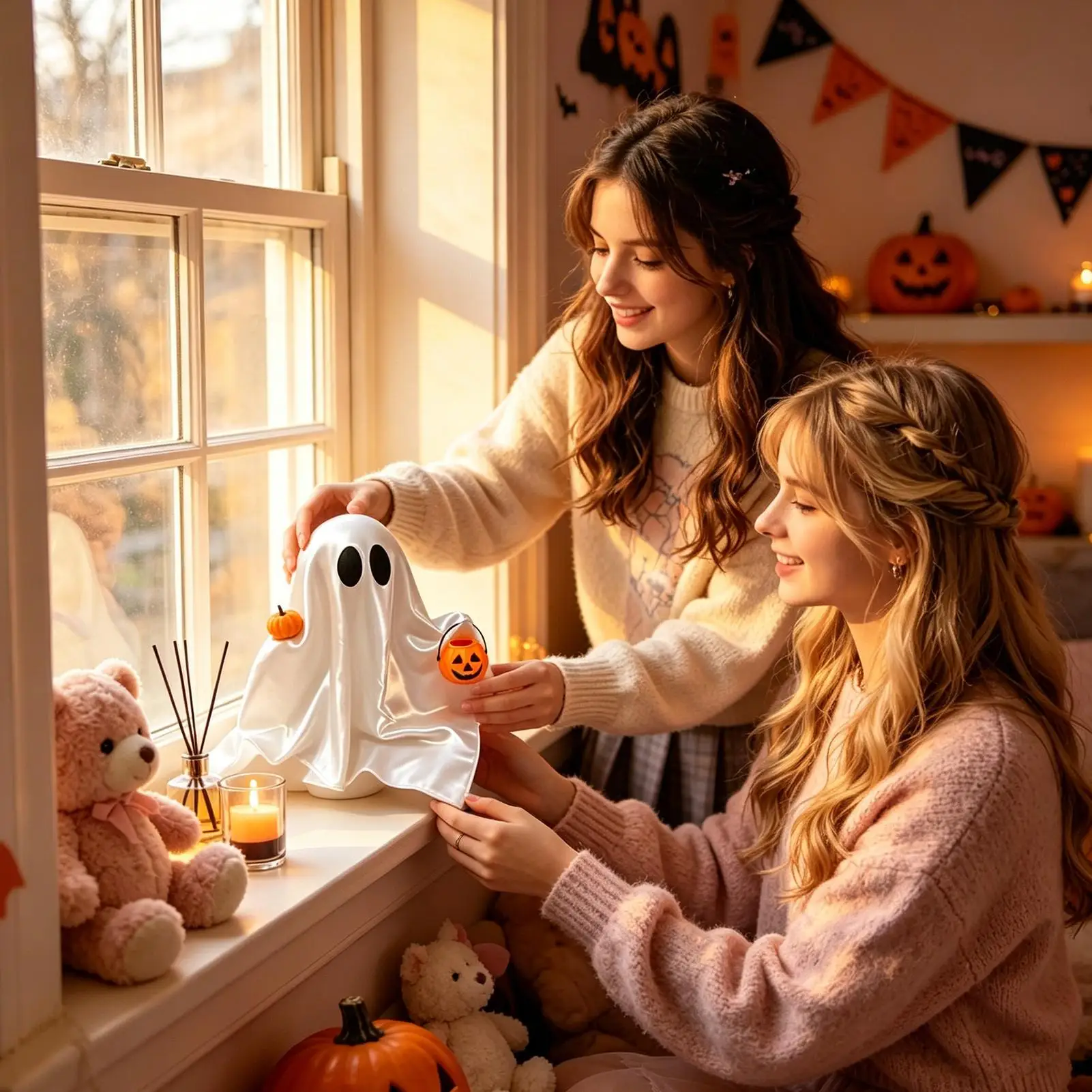 Ghost Figure Holding Pumpkin Basket Ornaments Halloween Cute Ghost Table Decor For Desk Office Home Bookshelf Bedside Nursery