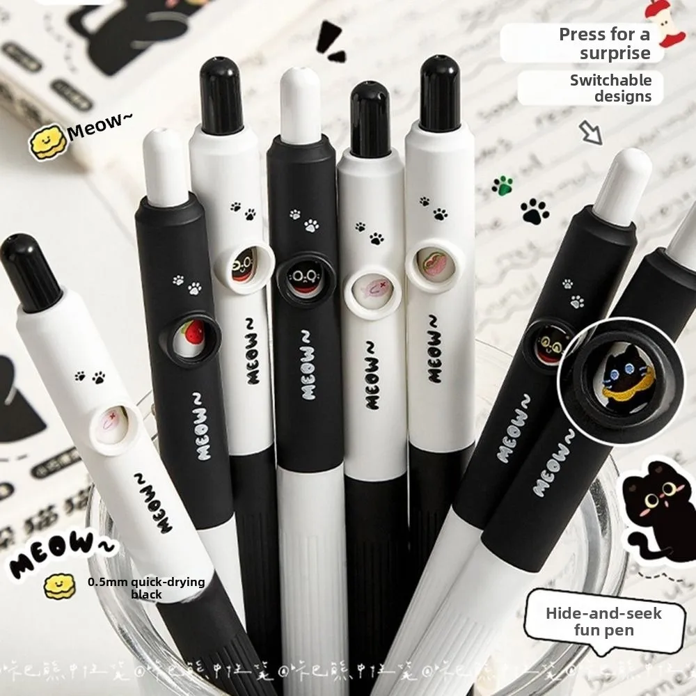 4pcs/Box 0.5mm Black Cat Neutral Pen Office Stationery Cartoon Neutral Click Pen Daily Use Hide-and-seek