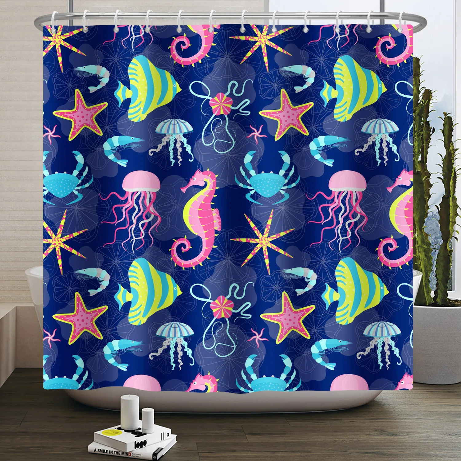 Whale Sea Animal Pattern Shower Curtain Coral Seashell Shell Bathroom Hanging Hooks Waterproof Opaque Shower Curtain Partition