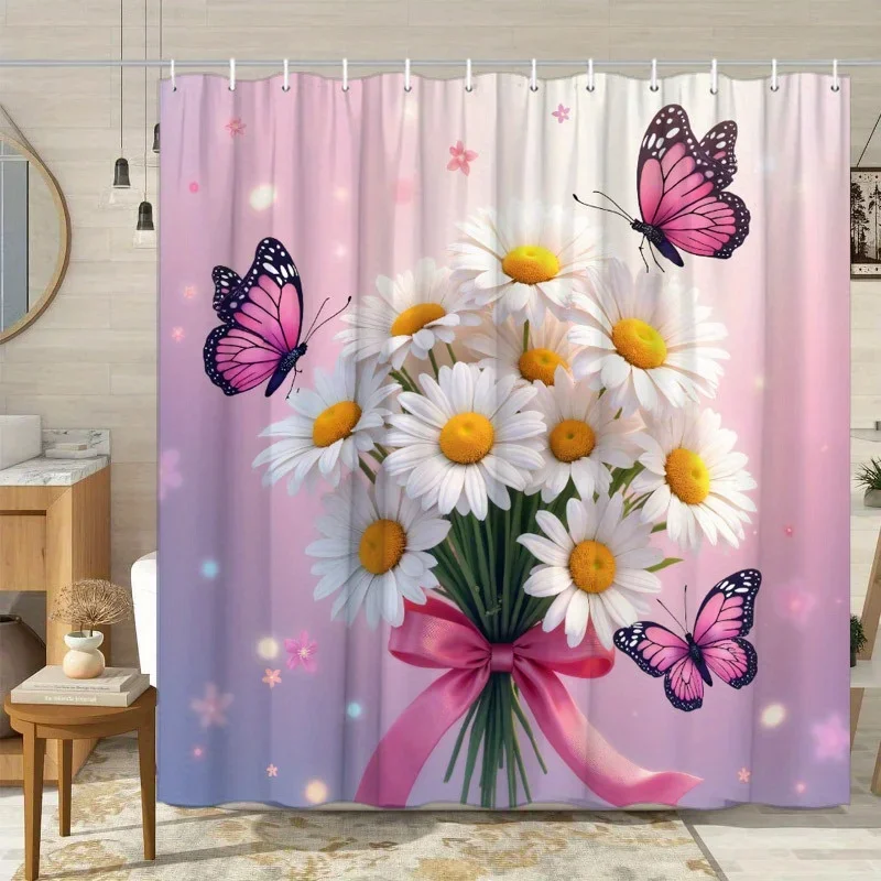 

1 шт., занавеска для душа с белыми ромашками и бабочками — розовые и фиолетовые бабочки, пастельный градиент, эффект боке