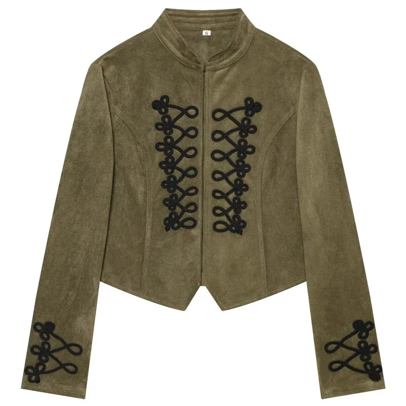HXAO Green Women's Cropped Jacket Frog Knot Button Faux Suede Jacket Fitted Demi-Season Outerwear Military Style Long Sleeve Top