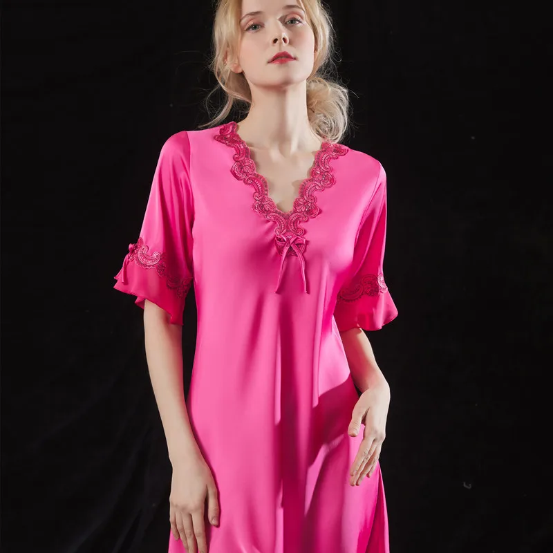 New Summer Women Nightdress Ice Silk Women\'s Satin Nightgown Long Slip Sleep Dress Silk V Neck Sleepwear Solid Color Nightwear