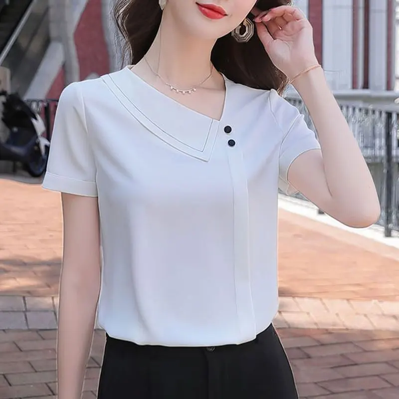 

Commute Stylish Solid Color V-Neck Blouse Casual Asymmetrical Button Female Clothing Spliced Summer Short Sleeve Straight Shirt