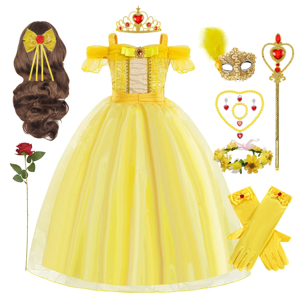 Disfraz de princesa infantil, disfraz de La Bella y La Bestia de Halloween, vestido amarillo de Bella elegante, vestidos de graduación para niños, disfraces de Bella para niñas