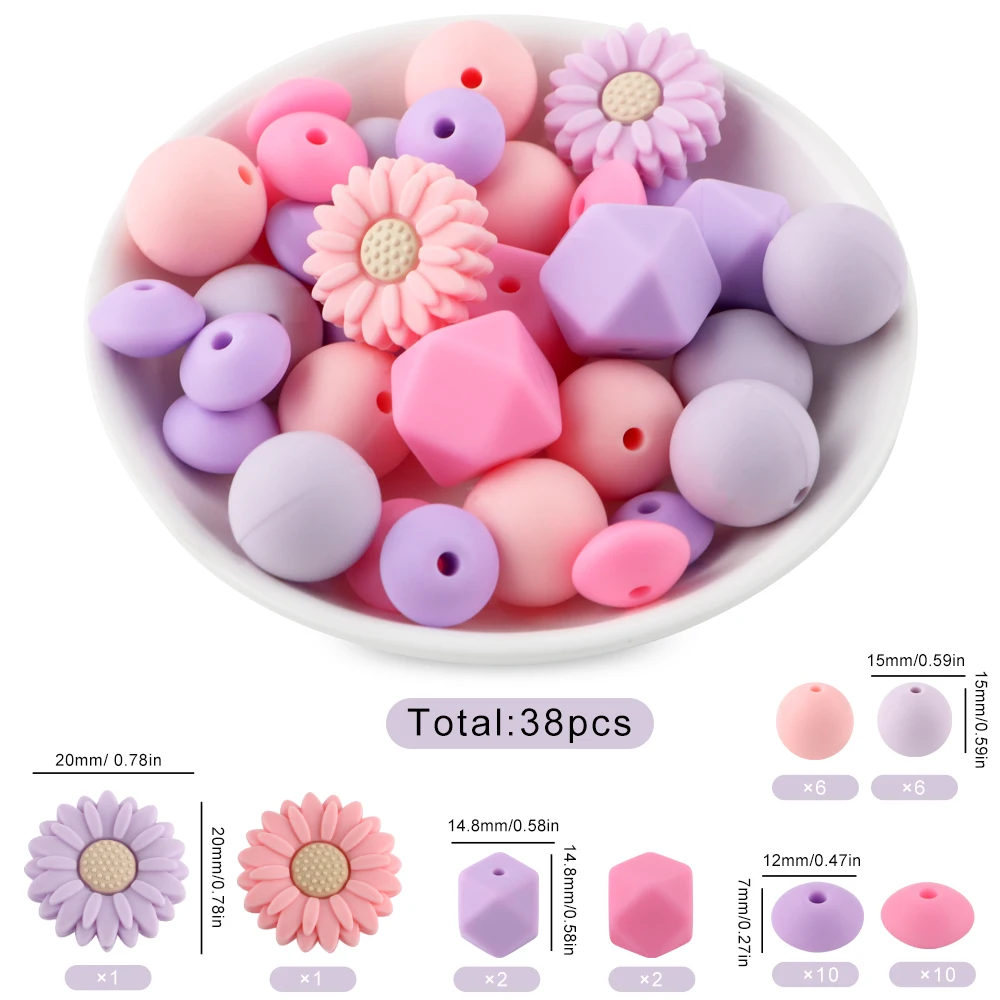 38Pcs/set Loose Silicone Beads Set Silicone Round Bead Hexagon Bead For Bracelet Necklace Jewelry Handmade Accessories