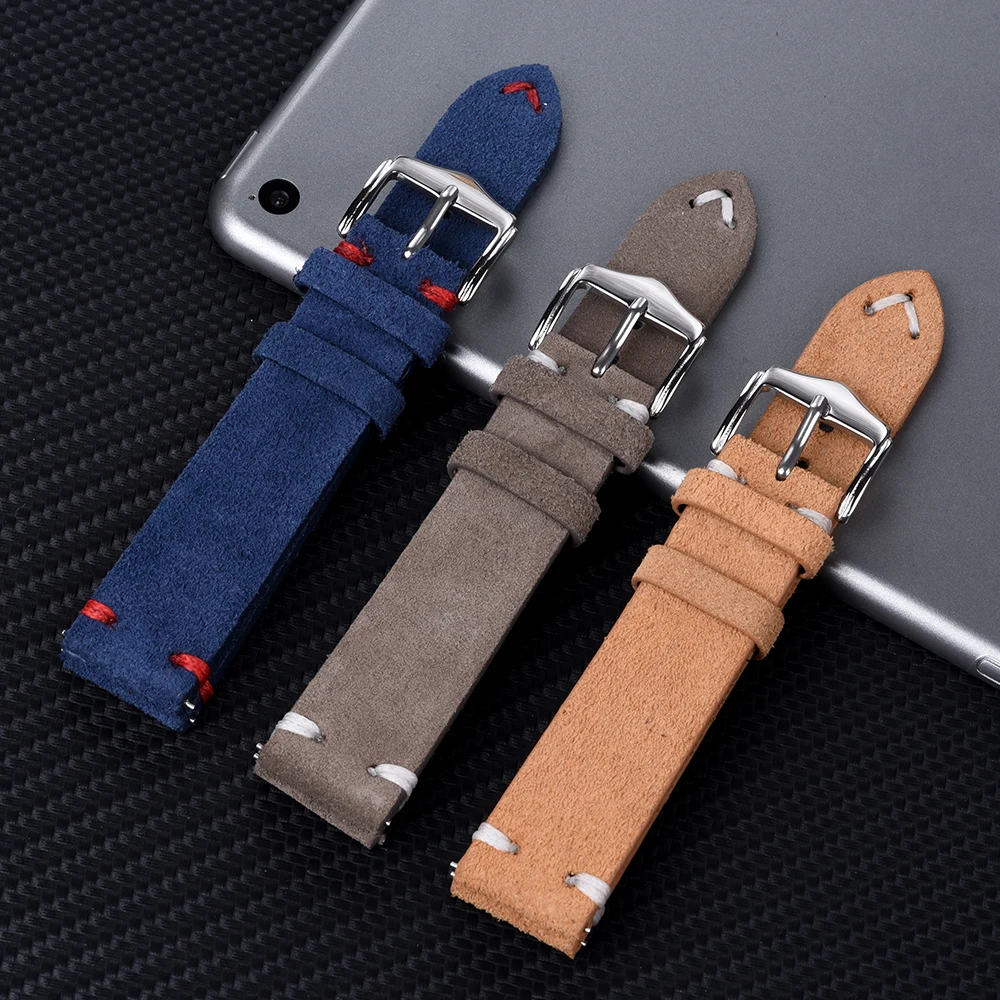 Premium Suede Leather Watchband Leather Strap 20mm 22mm Wrist Band Leather Vintage Replacement Watch Straps Bracelet Accessories