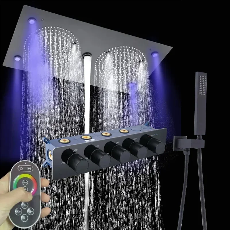 Black Luxury Shower System 24.4x12.6 inch LED Shower head Ceiling Rain Shower Thermostatic Mixing Valve Handheld Sprayer