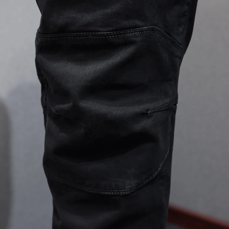 Y2K High Street Fashion New Jeans Washed Nostalgic Stretch Slim Black Jeans Hip Hop Brand Large Pocket High Quality Splicin