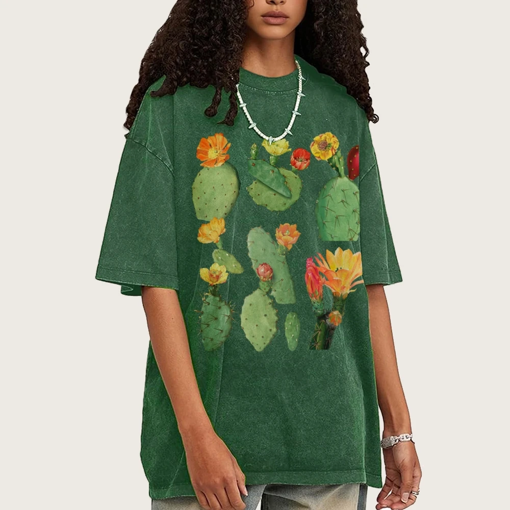 Botanical Cactus T-Shirt Nature Printed Shirt Vintage Unisex Washed T-Shirt Retro Women Clothing y2k Tee 90s Streetwear Shirt