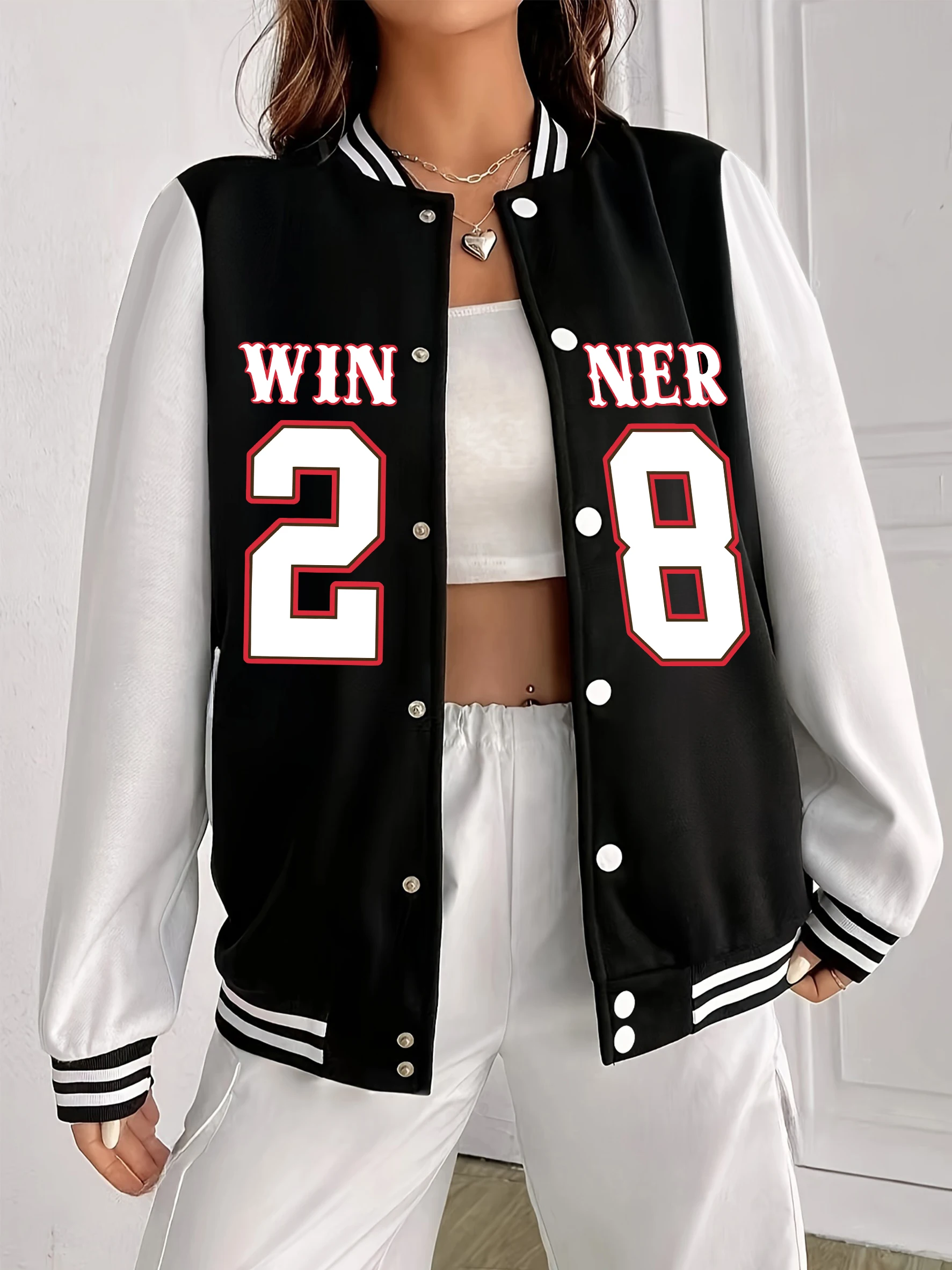 

Winner On The 28Th Printing Jacket Women Sport Oversized Baseball Uniform Fashion Casual Streetwear Comfortable Woman Clothes