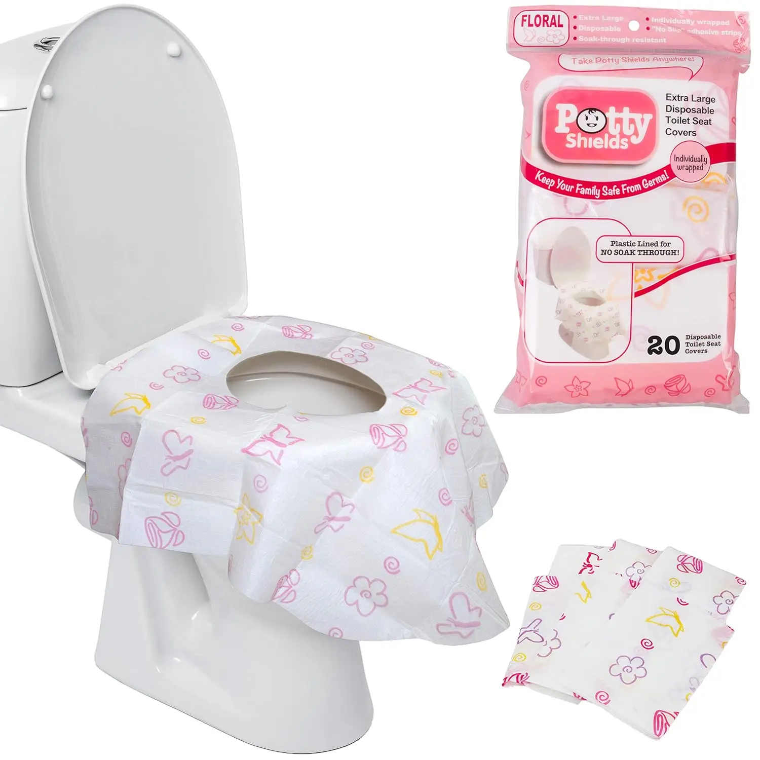 

Disposable Toilet Seat Covers, XL Waterproof Potty Shields for Travel, Potty Training & Public Restrooms (20 Pack, Floral)