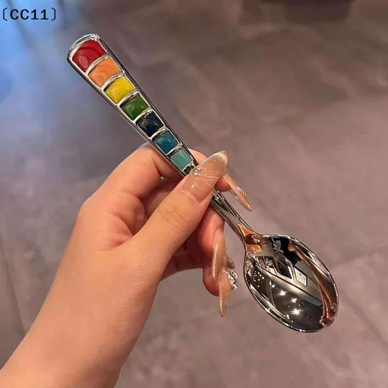 2Pcs Macaron-Colored Stainless Steel Dessert Spoons High-Aesthetic Colorful Enamel Spoons For Home Kids Picnics & Bento〔CC11〕