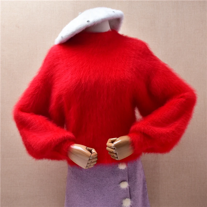 

Женский осенне-зимний модный красный вязаный укороченный свитер из норки и кашемира с круглым вырезом и длинными рукавами-фонариками, облегающая блузка-джемпер