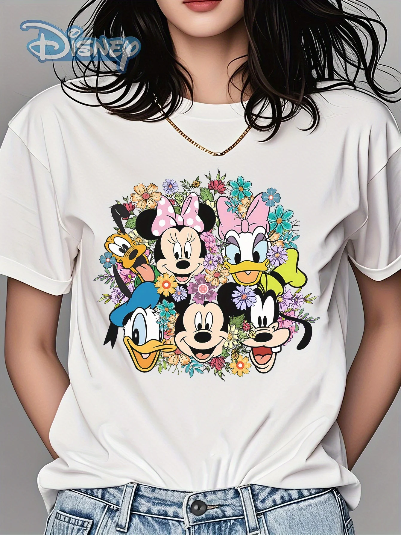 

2025 Disney Pattern Printed Women's Casual Comfortable Unique Smiling Face Black Round Neck Short Sleeve T-shirt