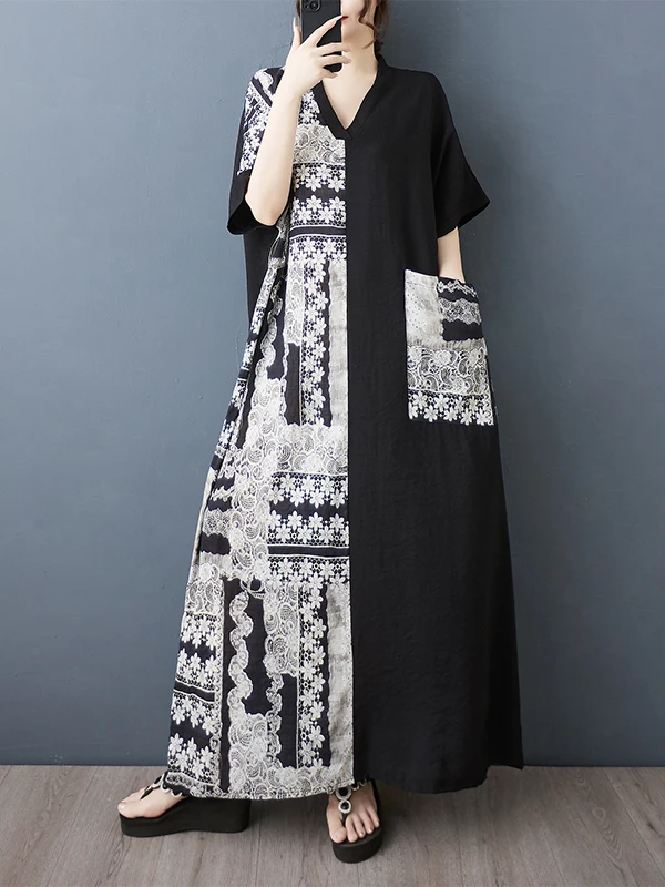 

plus Size Batwing Sve Long V-Ne ort Sve Color Blo Cotton Linen Thin Dr Slimming Effect Casual Summer Dr