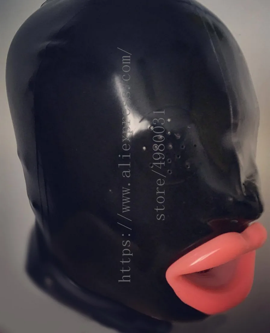 Fetish Latex hood with mesh eyes and attached soft lips in solid black color