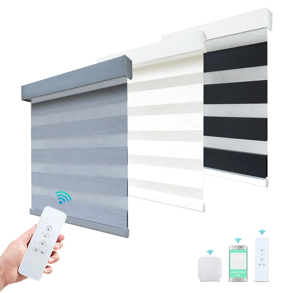 Google WiFi Alexa Remote Control Day And Night Polyester Window Shade Smart Zebra Motorized Blinds For Window