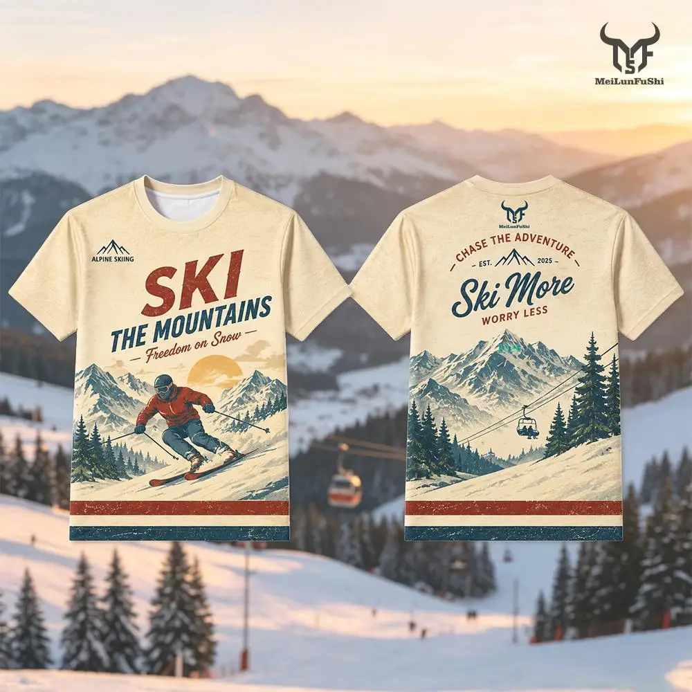Retro Alpine Skiing 3D Print T-shirt Street Fashion Trendy Harajuku Style Tops Men Women Outdoor Sport Casual Short Sleeve Tee