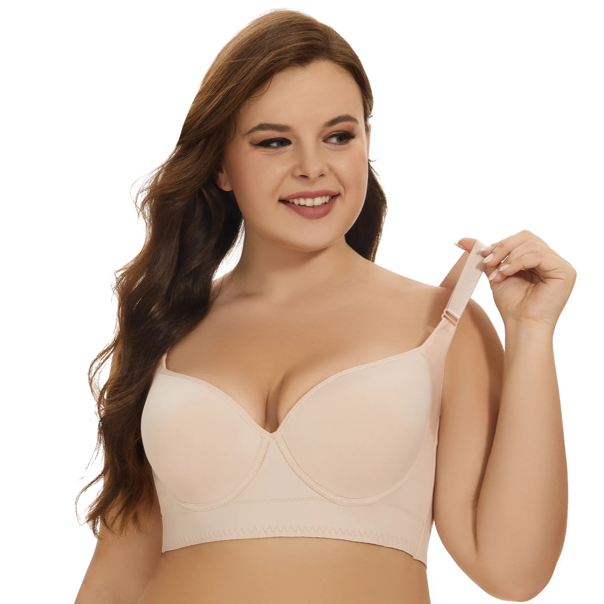 Plus-size smooth no trace sexy underwear women pull up a pair of anti-sag underwire bra deep V bra