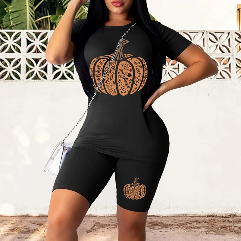 Fashion Multi Color Two-piece Set, Casual Short Sleeved T-shirt and Tight Shorts Set, Printed Women's Clothing