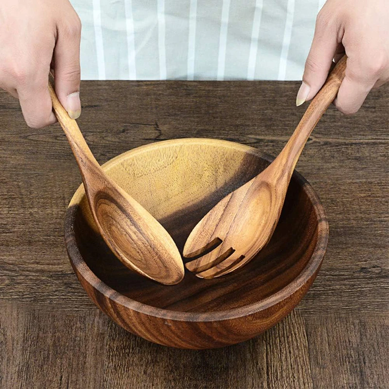 2Pcs Wooden Salad Servers Spoon Fork Set Salad Spoon and Fork Kit Long Handle Serving Salad Scoop Tableware Kitchen Utensil