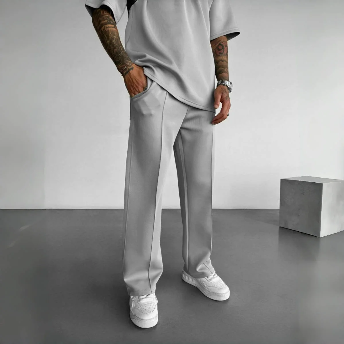 Suit Pants Men's Casual Pants Stylish Comfortable Elastic Waist Drawstring Single-line Pleated Solid Color Pocket Mops Pants